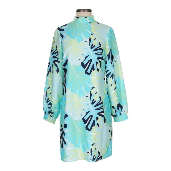 Sail to Sable Mock Neck Shift Dress - Tropical Retro Print, Size 2 Blue Green - Picture 5 of 7